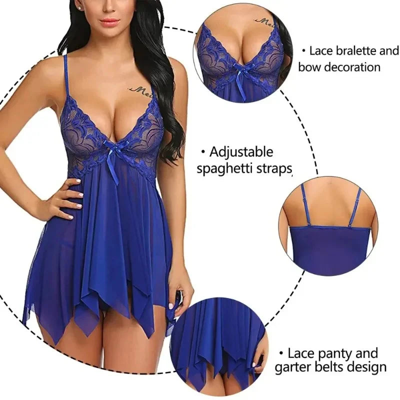 Female sexy lingerie, doll - collar for sexual use, see - through, short - sleeved, dress - style skirt, pajamas, erotic evening