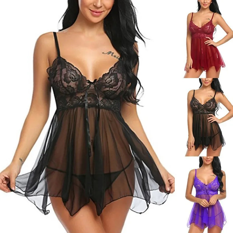 Female sexy lingerie, doll - collar for sexual use, see - through, short - sleeved, dress - style skirt, pajamas, erotic evening